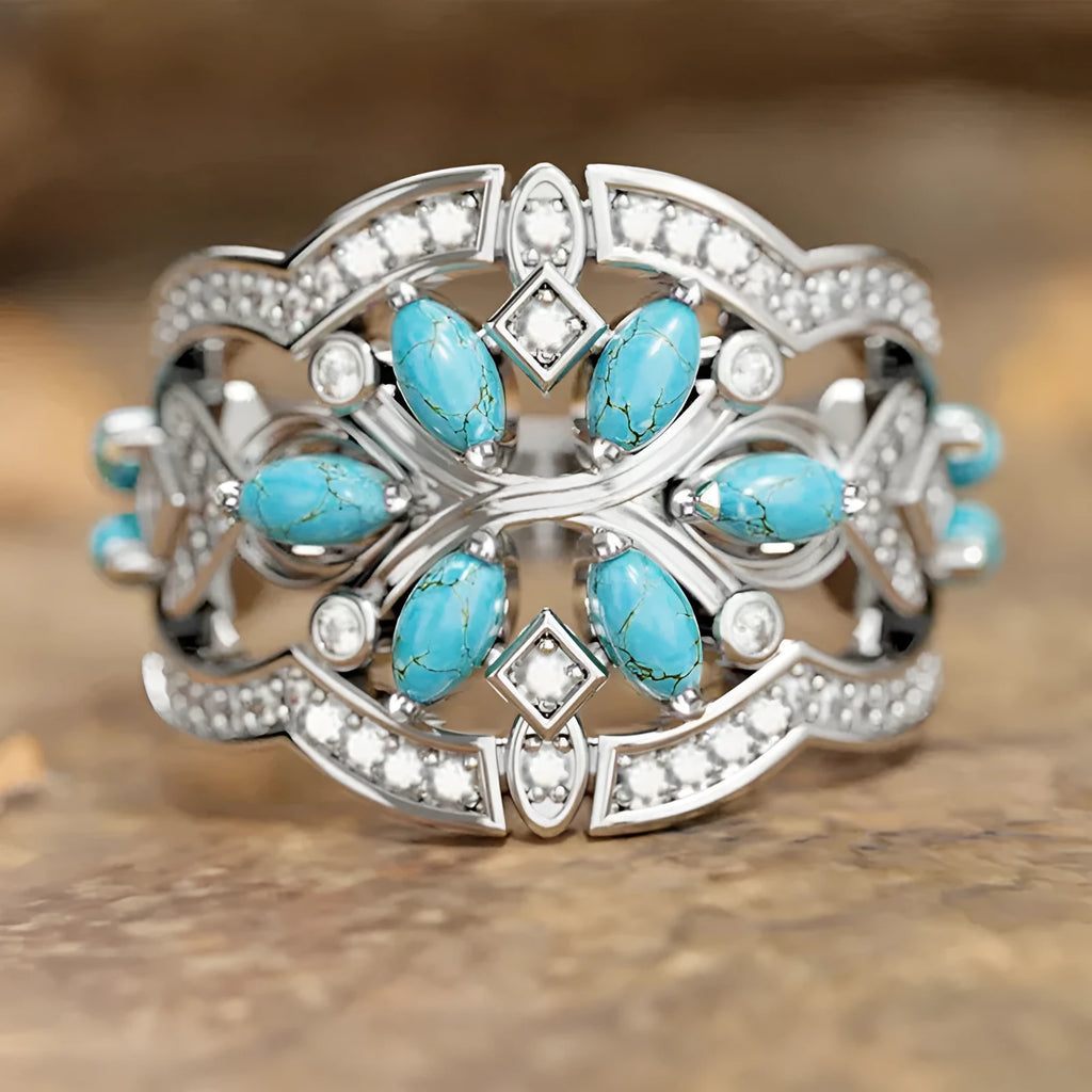 Women's retro copper ring with inlaid zircon in White Gold finish geometric design