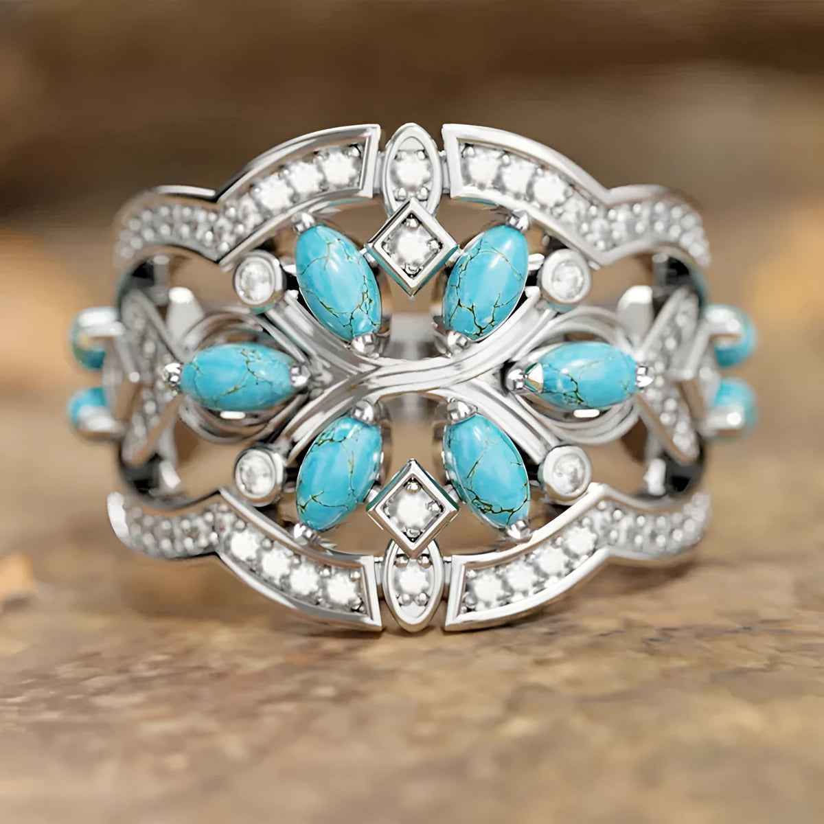 Women's retro copper ring with inlaid zircon in White Gold finish geometric design