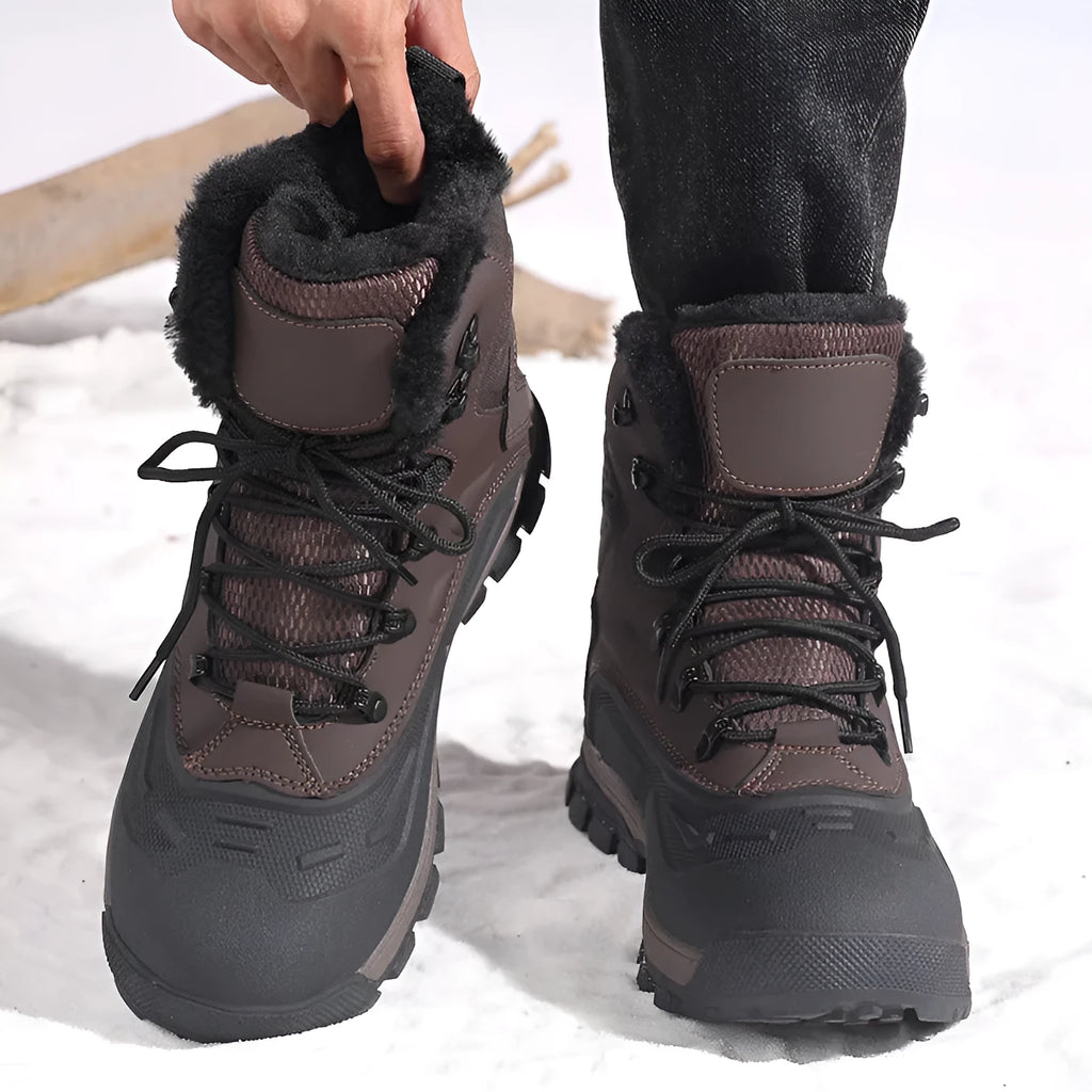 Men's black high-top lace-up winter boots with fleece lining, shown on a size label scale from 39 to 48.