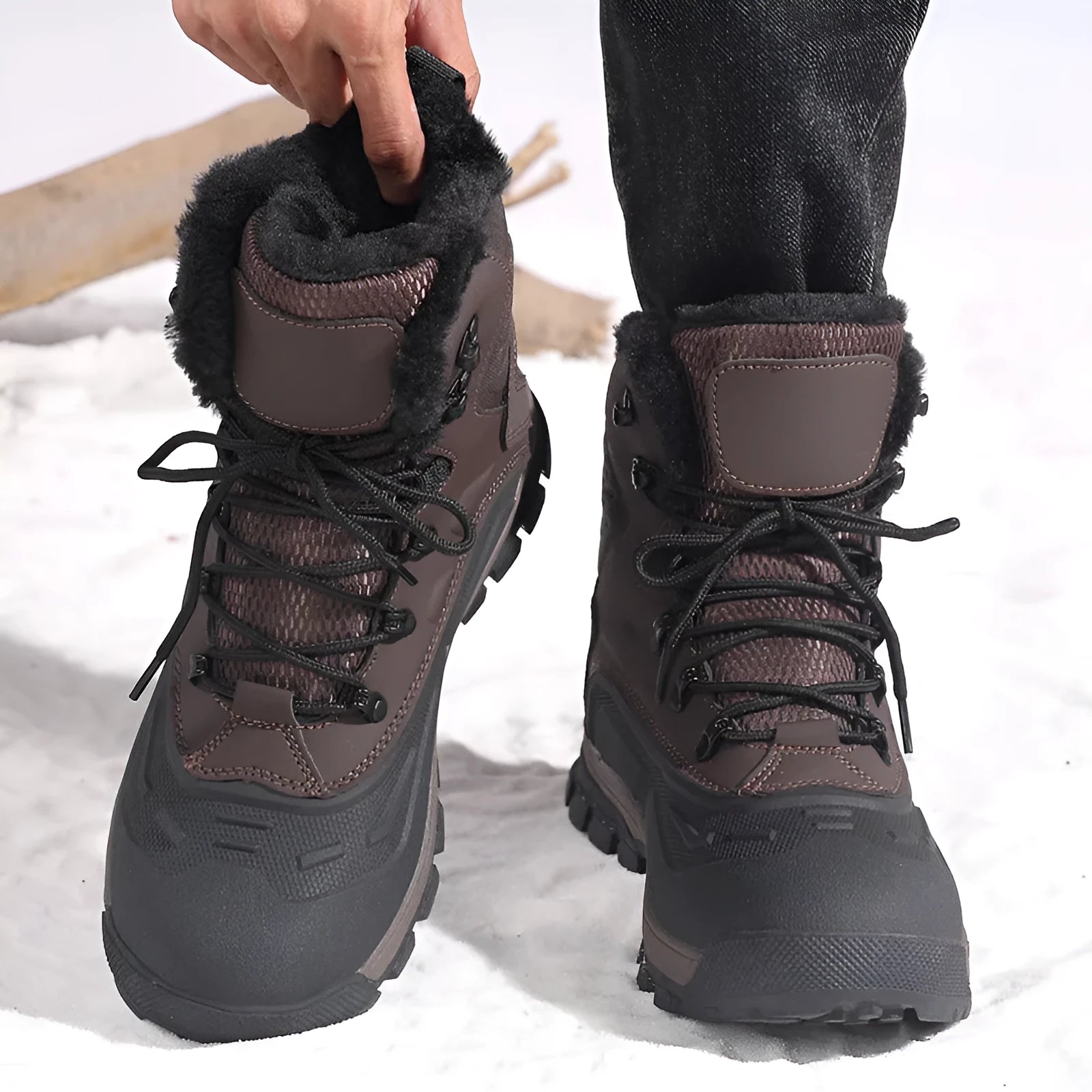 Men's black high-top lace-up winter boots with fleece lining, shown on a size label scale from 39 to 48.
