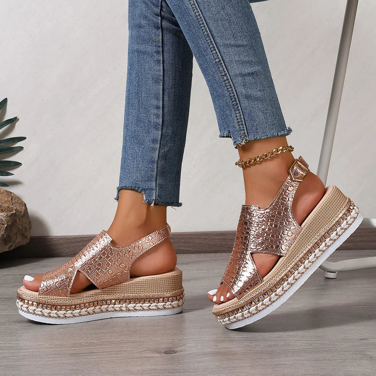 Gold women's Roman sandals with round toe, openwork design and ankle buckle strap