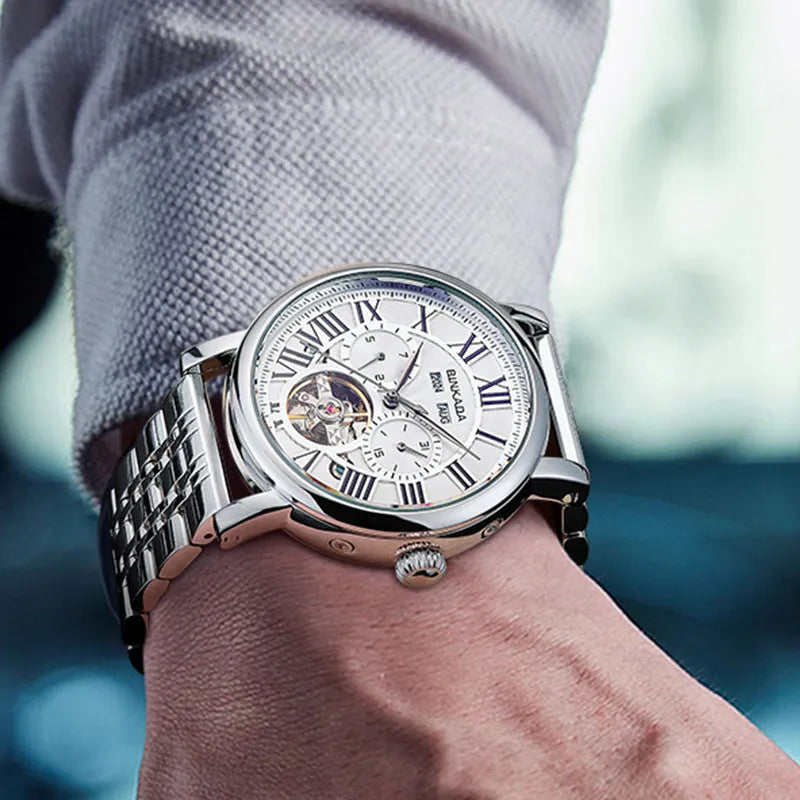 Men's automatic waterproof watch with steel bracelet in business style design
