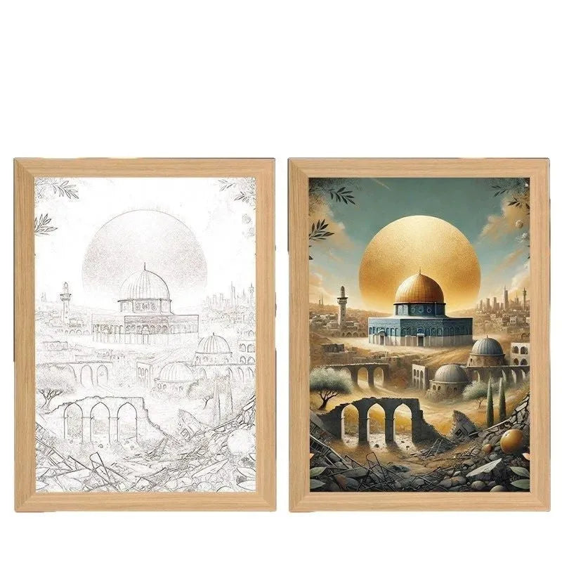 Modern rectangular handmade picture frame with illuminated spiritual artwork, showing USB cable.