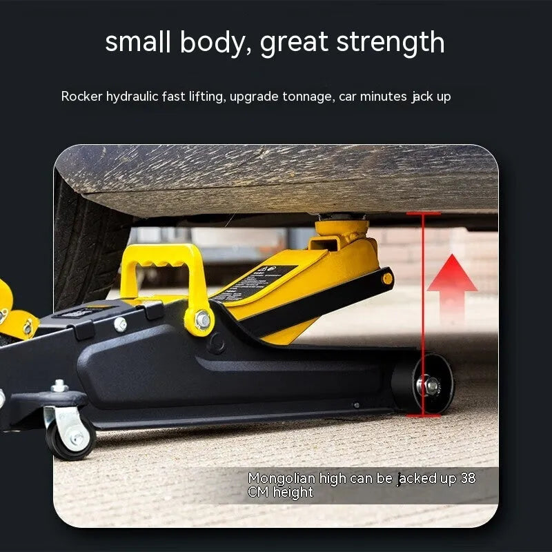 Horizontal hydraulic low car jack with handle for tyre changes on low-clearance vehicles