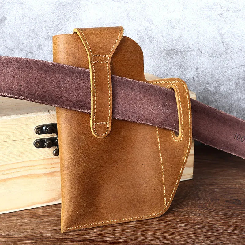 Men's retro leather phone hanging belt bag in cowhide leather with car suture detailing