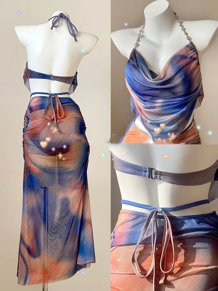Women's floral print bikini set with triangle top, briefs, and skirt featuring steel wire support