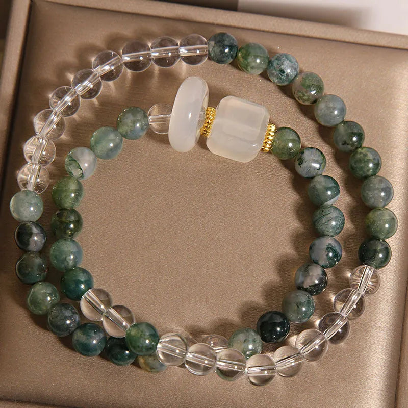 Green grass agate crystal bracelet for women with double circle white agate cube sugar flexible ring