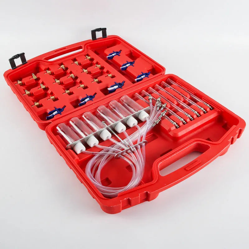 Fuel injection flow meter diagnostic tool with brass components for automotive workshop testing