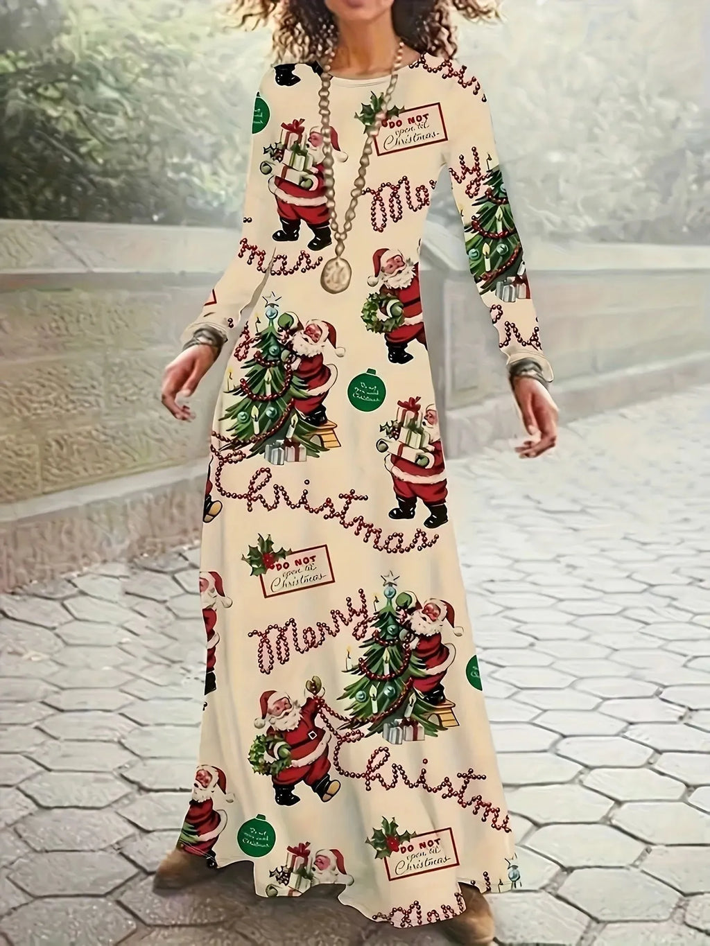 Santa Claus printed round neck long sleeve polyester dress in beige with mid waist and long skirt