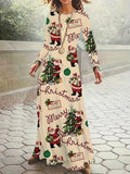 Santa Claus printed round neck long sleeve polyester dress in beige with mid waist and long skirt