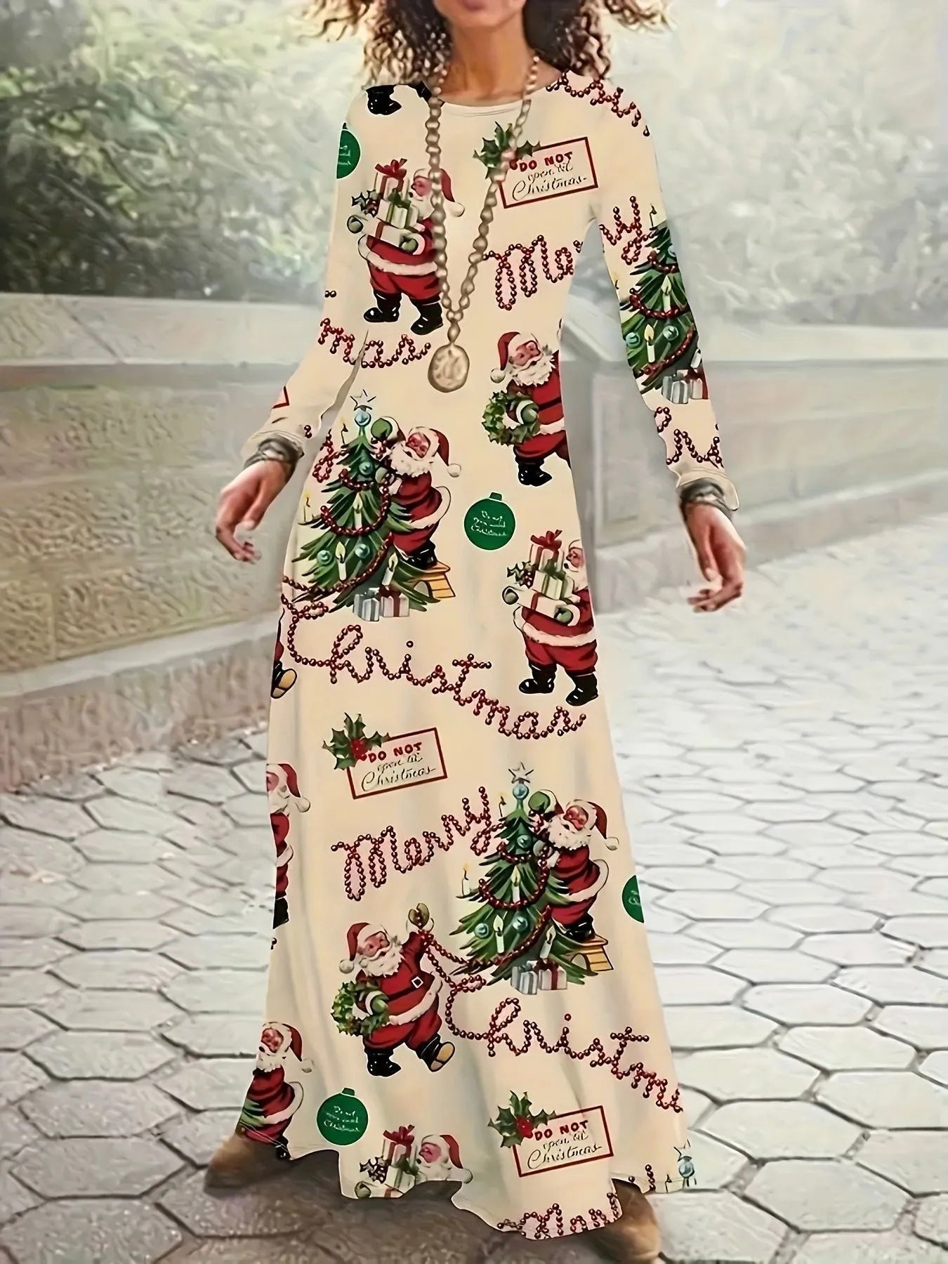 Santa Claus printed round neck long sleeve polyester dress in beige with mid waist and long skirt