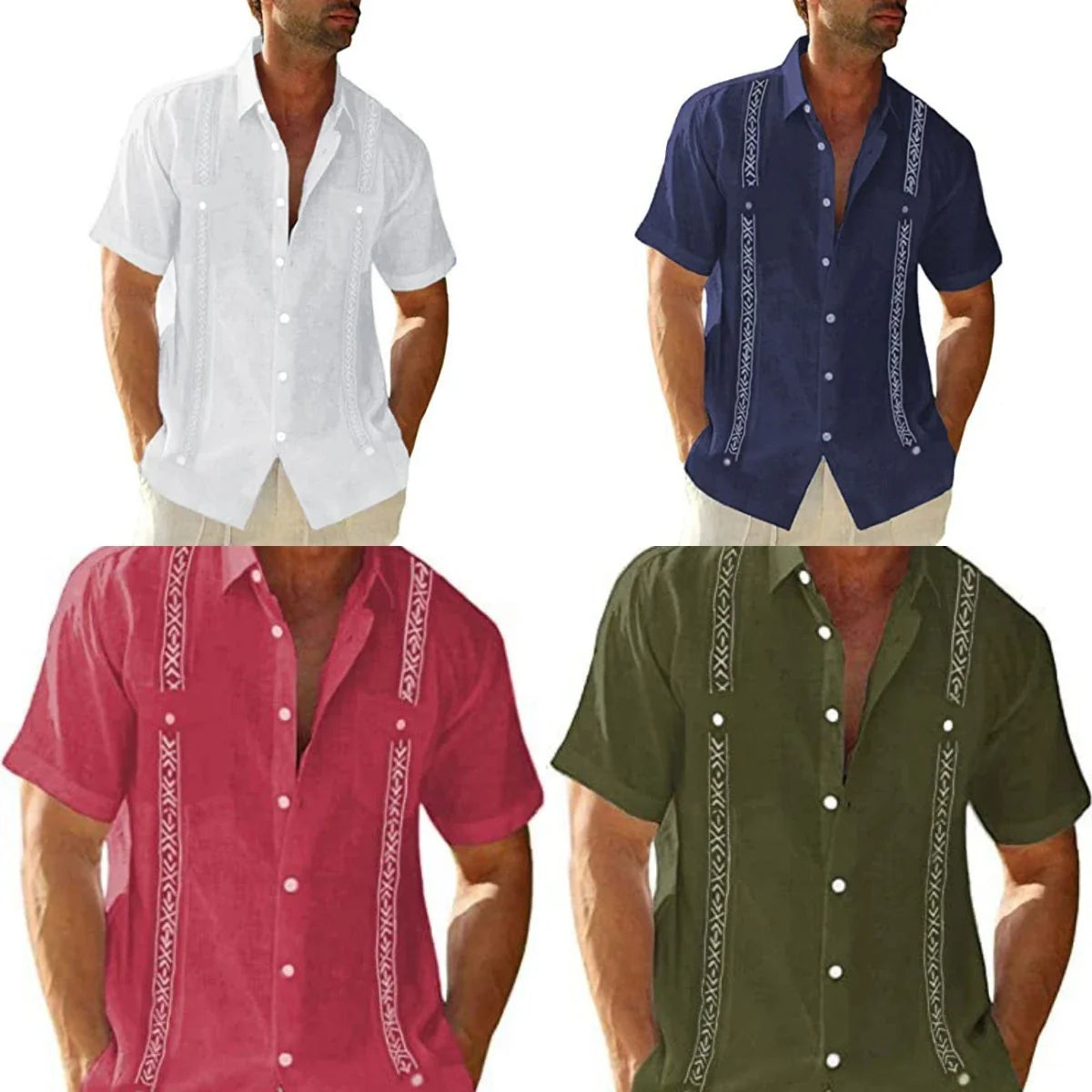 Comfortable Casual Cuban-Style Guayabera Shirt for Men in Red, Navy Blue, White, and Army Green Colors