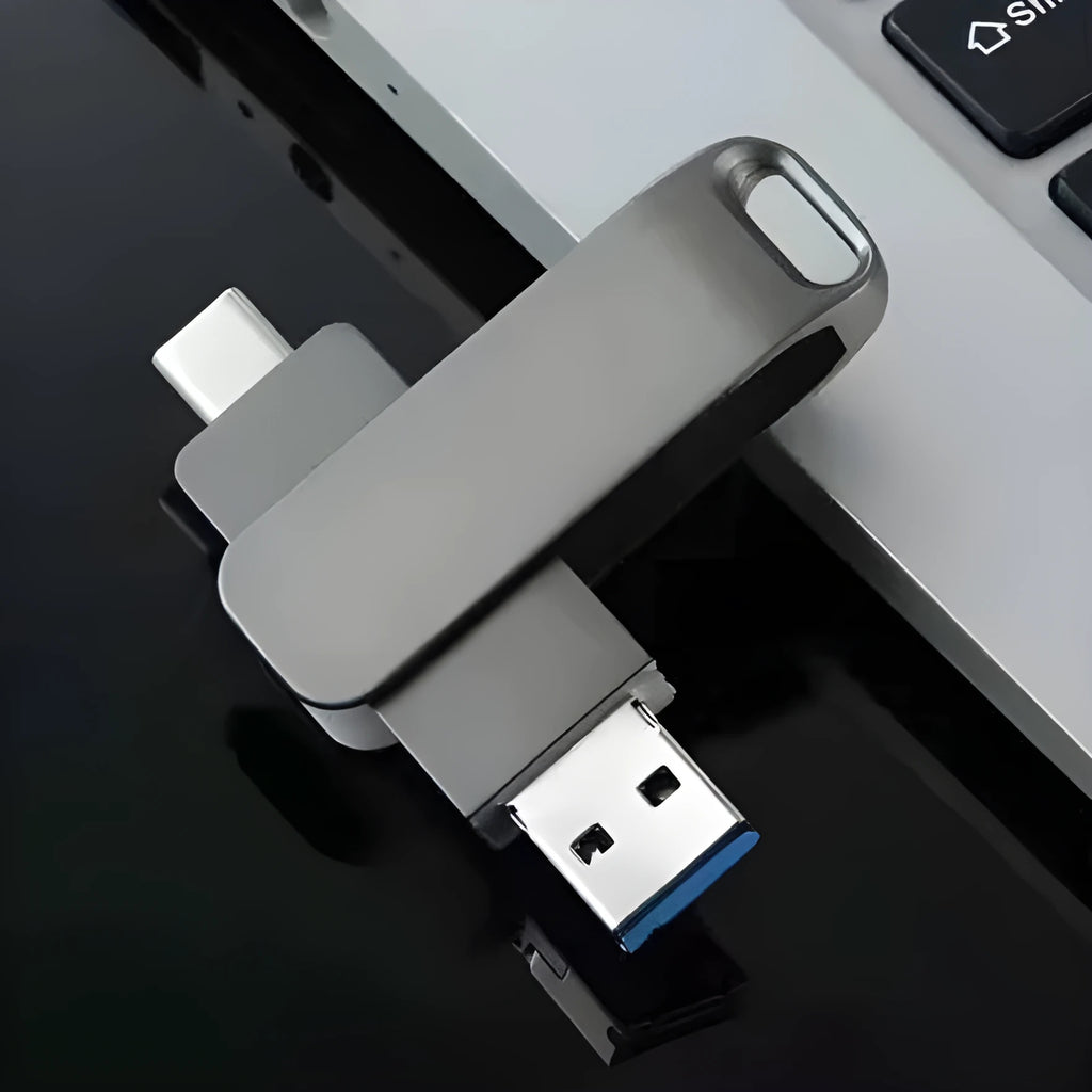 Rotating metal USB flash drive with dual USB-C connector in silver or black finish