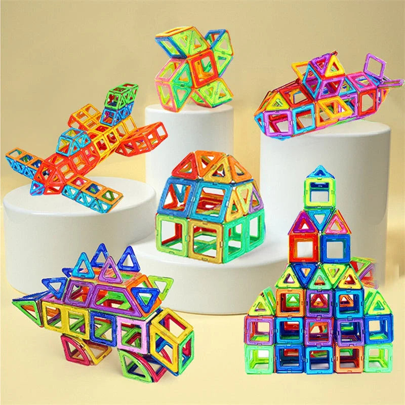 Magnetic building blocks in various sizes and colors, perfect for creative play and STEM learning