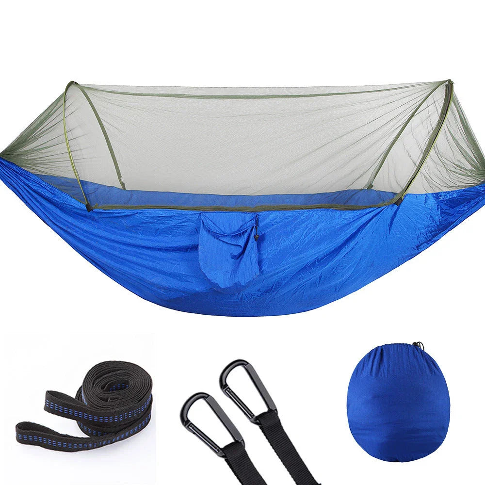 Premium 210T nylon outdoor hammock with mosquito net, featuring a quick pop-up design for easy setup and versatile use in various outdoor settings.