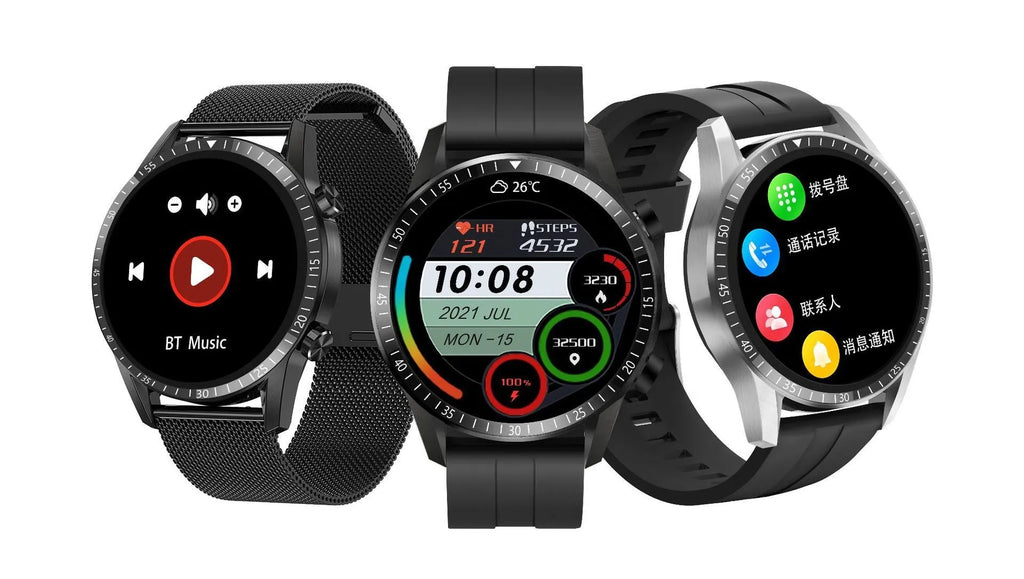 Round smart watch with black aluminium alloy case showing touch screen display with fitness metrics