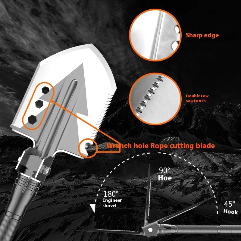 Black multi-functional military shovel and axe set with knife, laid out with its carry case.