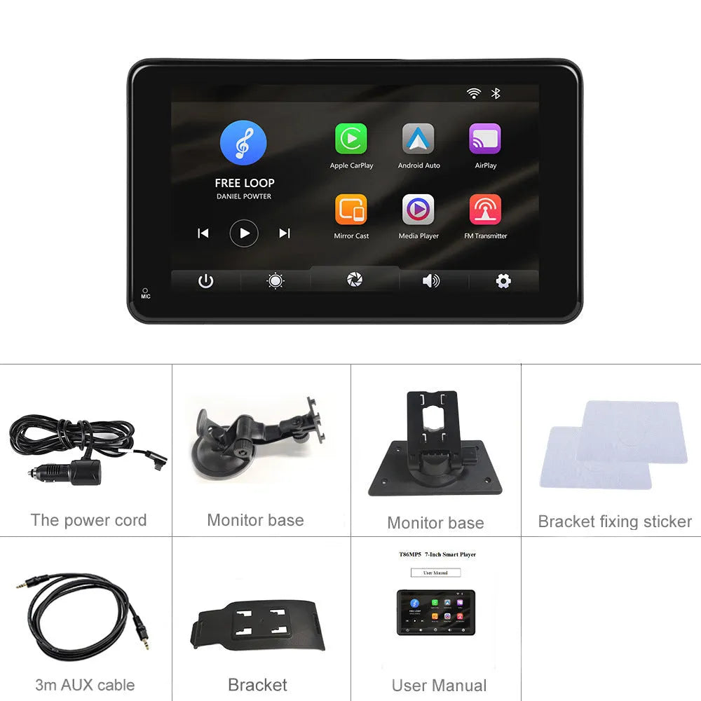 7-inch HD wired screen media player with universal mounting supports on a car dashboard.