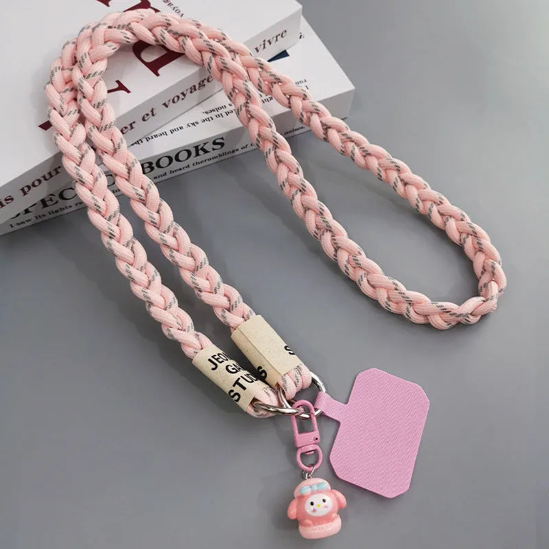 Long crossbody nylon phone lanyard with three-strand horse tail pendant and clip in assorted colours