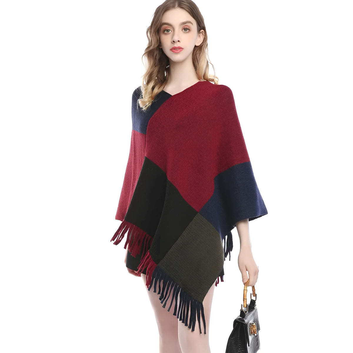 Women's plaid knitted shawl cape with colour contrast patchwork, 60-80cm length, acrylic and artificial wool.