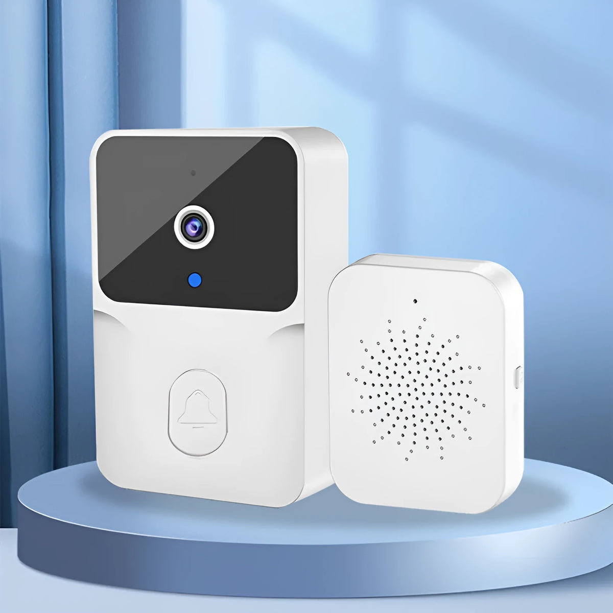 Wireless video doorbell in black or white with 850N night vision, 1000mAh battery, 85x54x24mm, for home security.