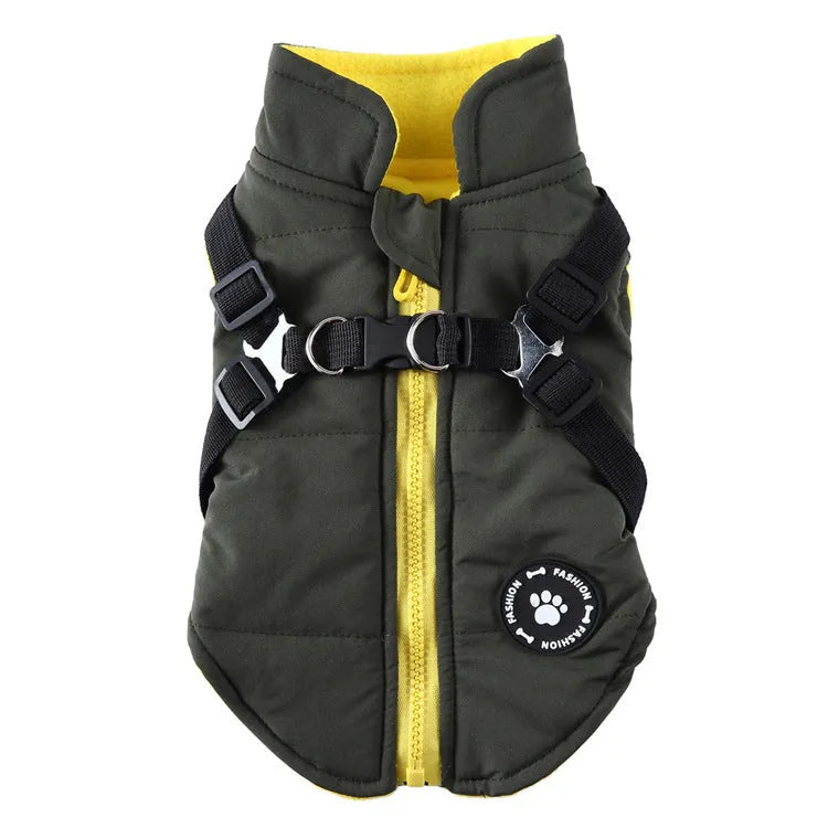 Padded dog winter jacket with a front chest strap shown in blue on a mannequin.