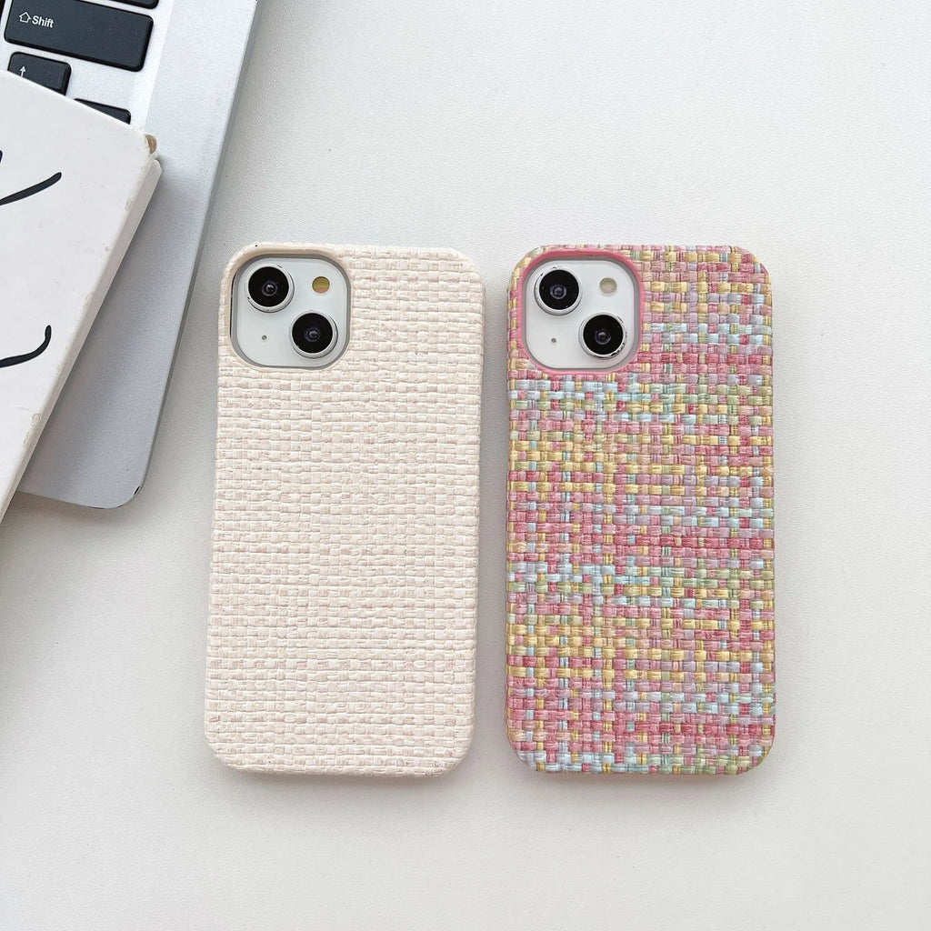 Hand-woven plaid TPU phone case in pink, shown on iPhone, with textured grip pattern and all-inclusive edges.