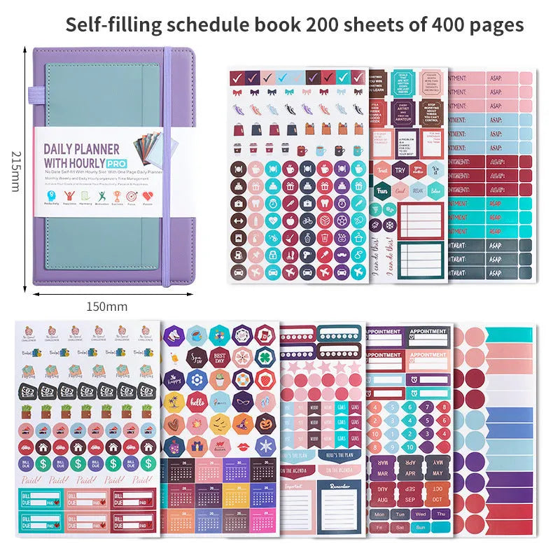 No date notebook with elastic strap closed, showing PU cover in a choice of colours including purple, green, and pink.