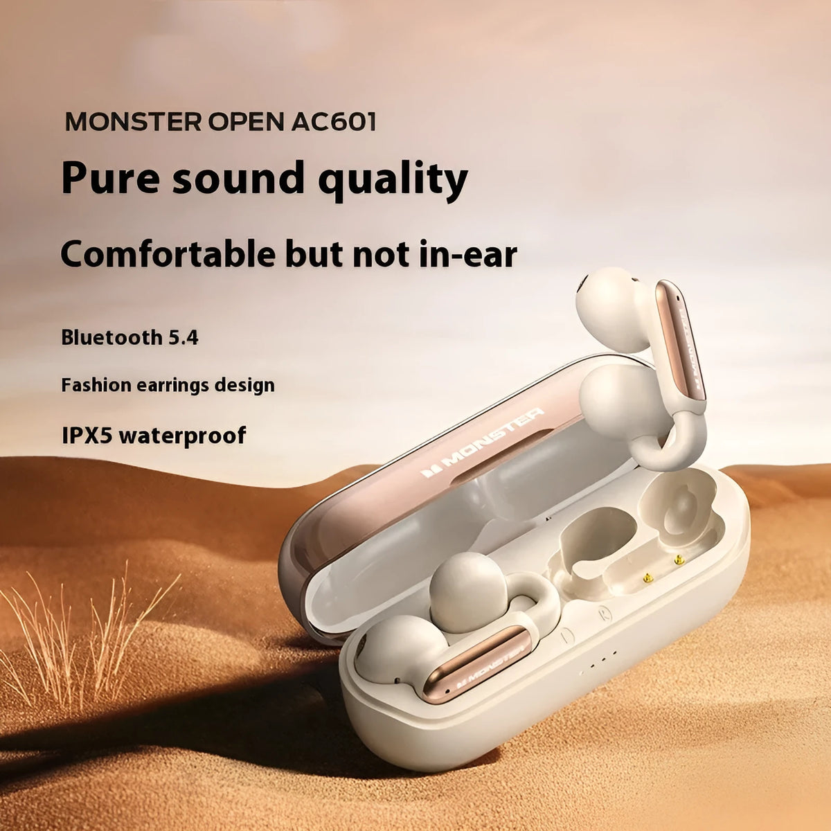 AC601 ear-mounted Bluetooth bone conduction headset in beige, black or purple with Type-C cable
