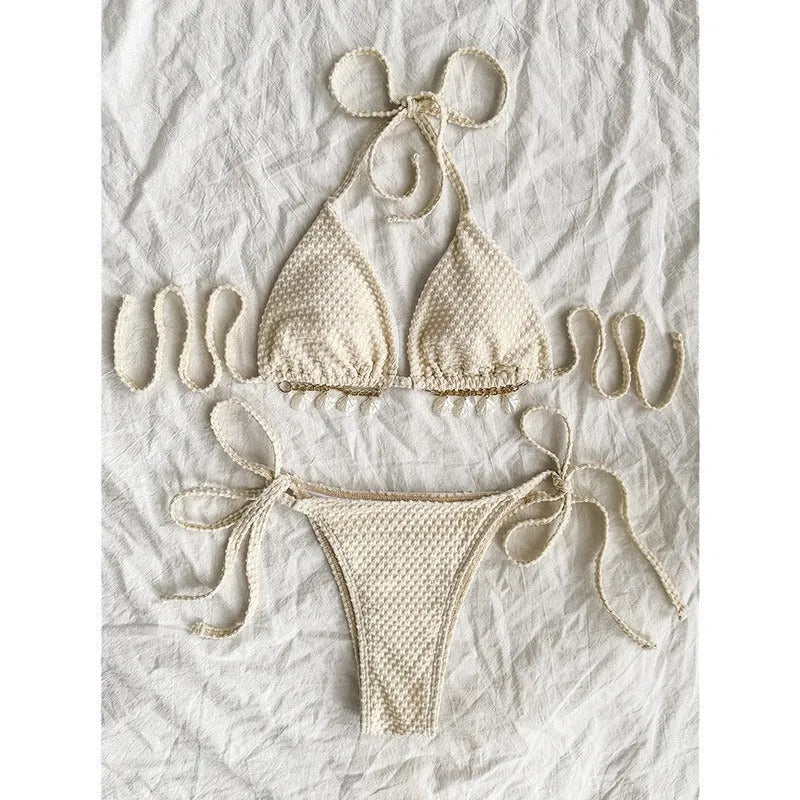 Women's halter neck lace-up bikini swimsuit in polyester fabric, available in white, green and milky white