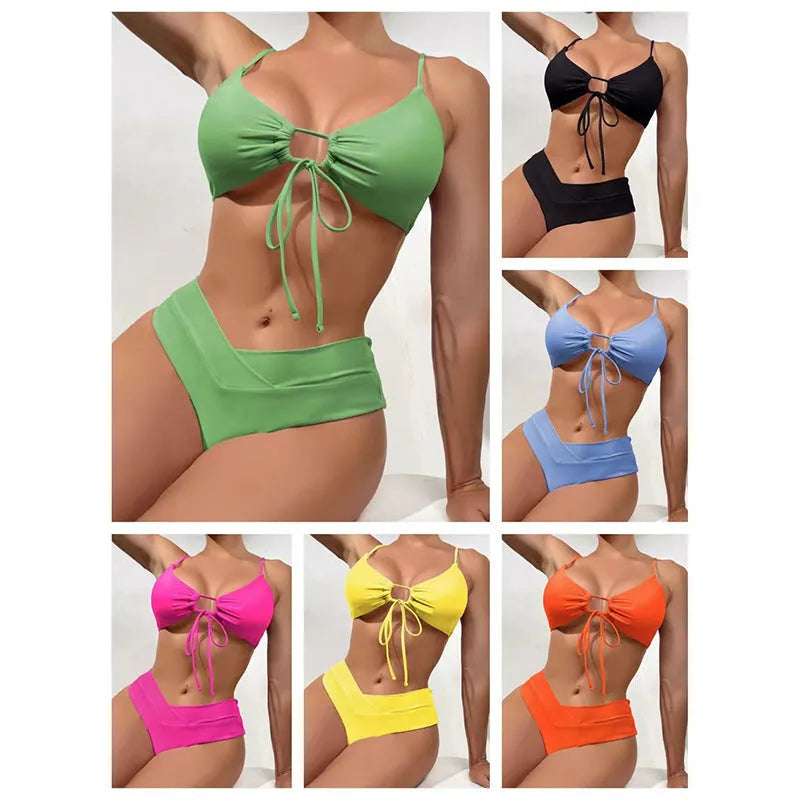 Women's bikini swimsuit with tied bow detail and split front design in solid colour