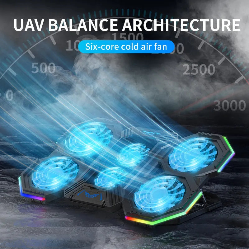 Laptop cooling pad with six fans, RGB light, seven height settings, 399x270x36.6 mm, for 12-21 inch notebooks