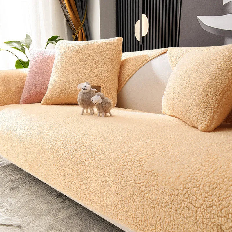 Non-slip solid colour flannel sofa cushion in Cornus Powder, Cream White or Hazy Grey, sizes 70x70cm to 110x240cm