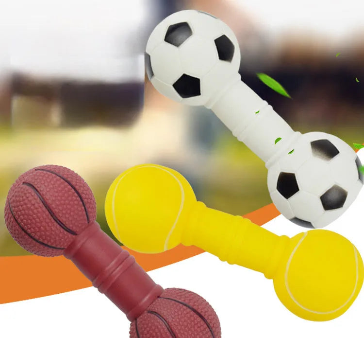 Brown, orange, white, and yellow coloured PVC football dumbbell shaped dog squeaky chew toy.