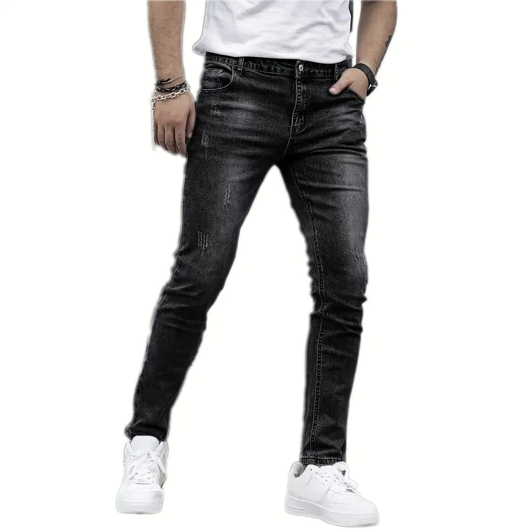 Men's straight leg skinny fit stretch jeans in black, grey and dark blue colours showing front and back views
