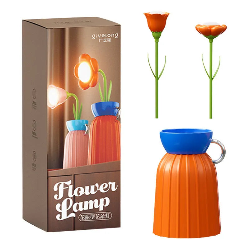 Pink rose flower USB LED lamp with vase, 30cm tall, emitting warm white light