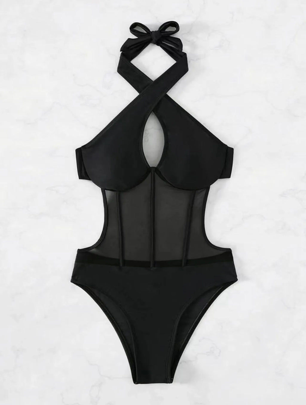 Ladies black one-piece bikini swimsuit made from nylon and spandex fabric on a mannequin.