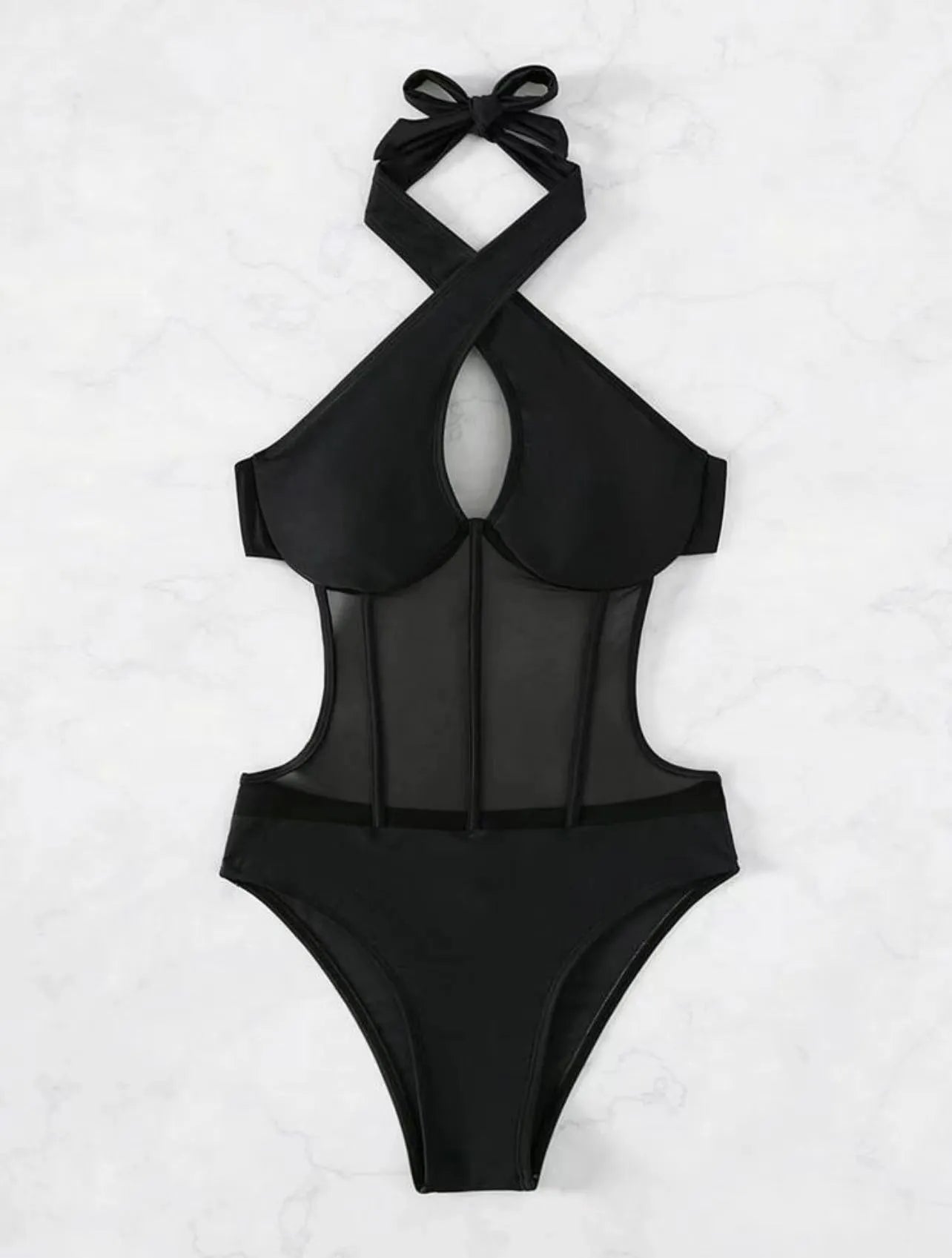 Ladies black one-piece bikini swimsuit made from nylon and spandex fabric on a mannequin.