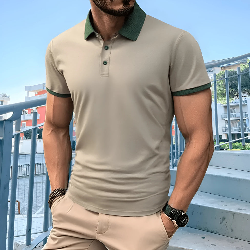 Men's summer polo shirt in ice silk fabric with flocking print design on high collar