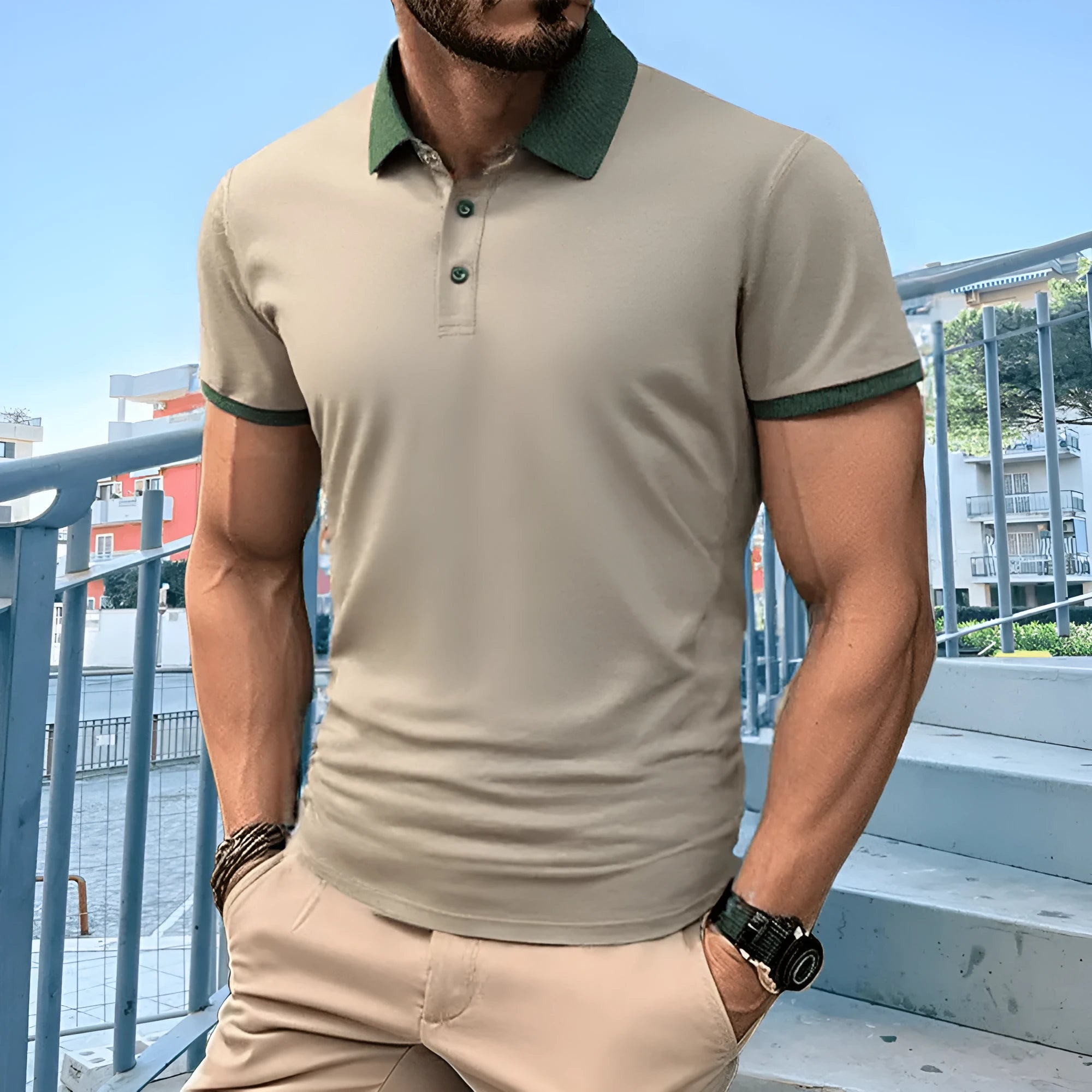 Men's summer polo shirt in ice silk fabric with flocking print design on high collar