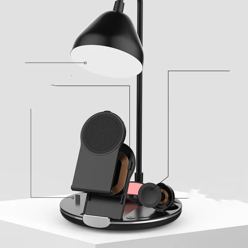 Black magnetic folding wireless charger with phone stand unfolded showing iPhone placement
