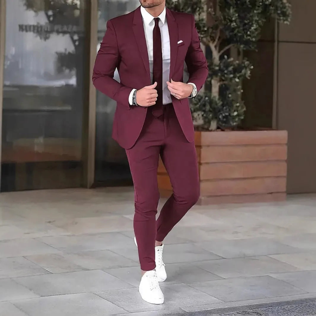 Two-piece slim-fit coat and trousers set in solid colours, polyester cotton blend, sizes M-4XL, spring light business style.