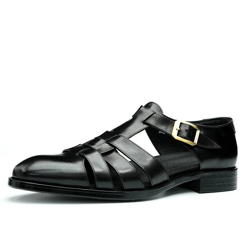Men's black genuine leather retro-style slip-on sandals with an open toe and rubber sole.
