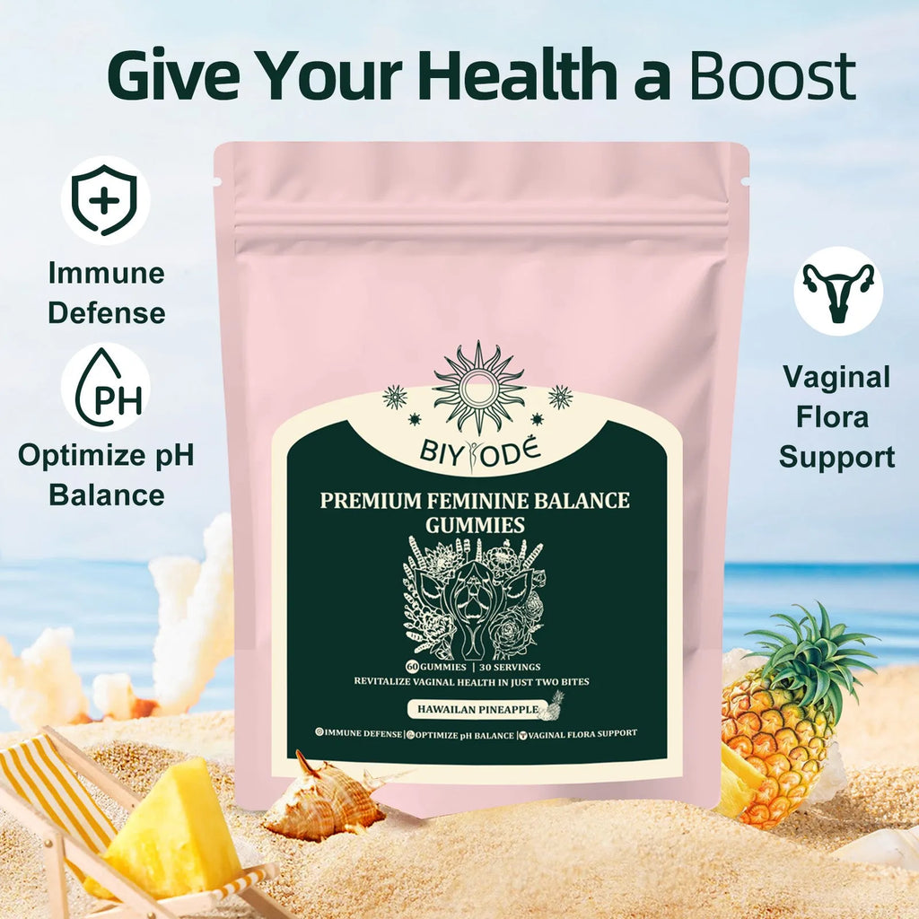 Feminine balance gummies in a clear pouch with pineapple flavour and vitamin C for vaginal health