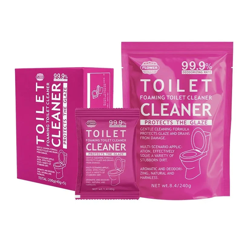 Toilet bubble powder cleaning product in blue ocean or pink floral fragrance, 240g bag or box of 5 sachets.