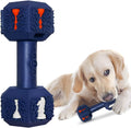Blue rubber dumbbell-shaped dog chew toy with textured surface and hollow ends.