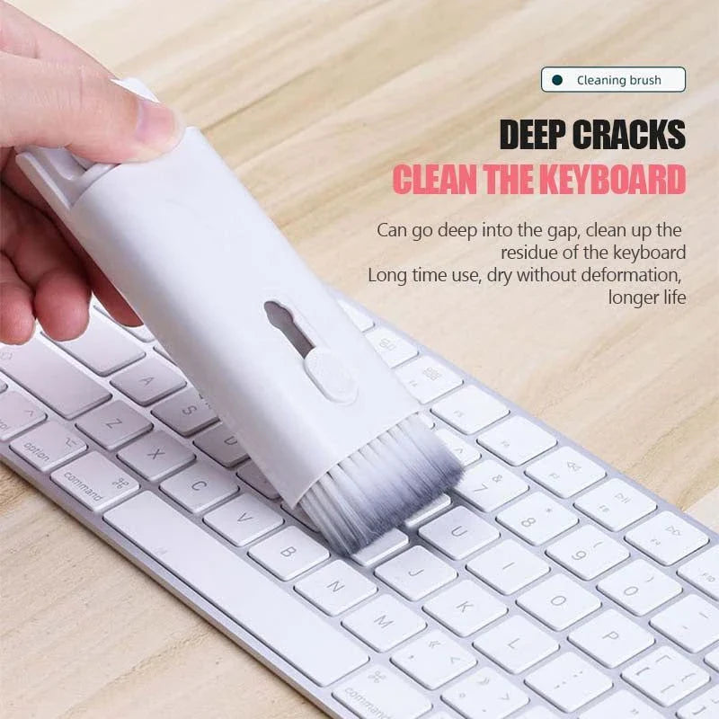 A comprehensive cleaning kit with various tools for maintaining laptops, earbuds, keyboards, and other tech devices