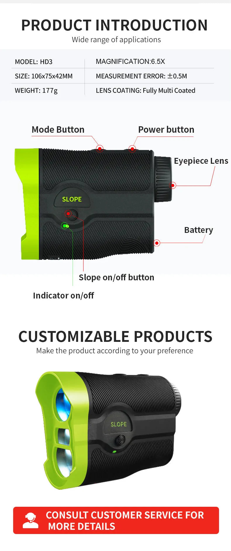 H3D-1000M laser rangefinder telescope with 1000m range, ±1mm accuracy, ABS body, AAA battery power, for outdoor golf distance measurement
