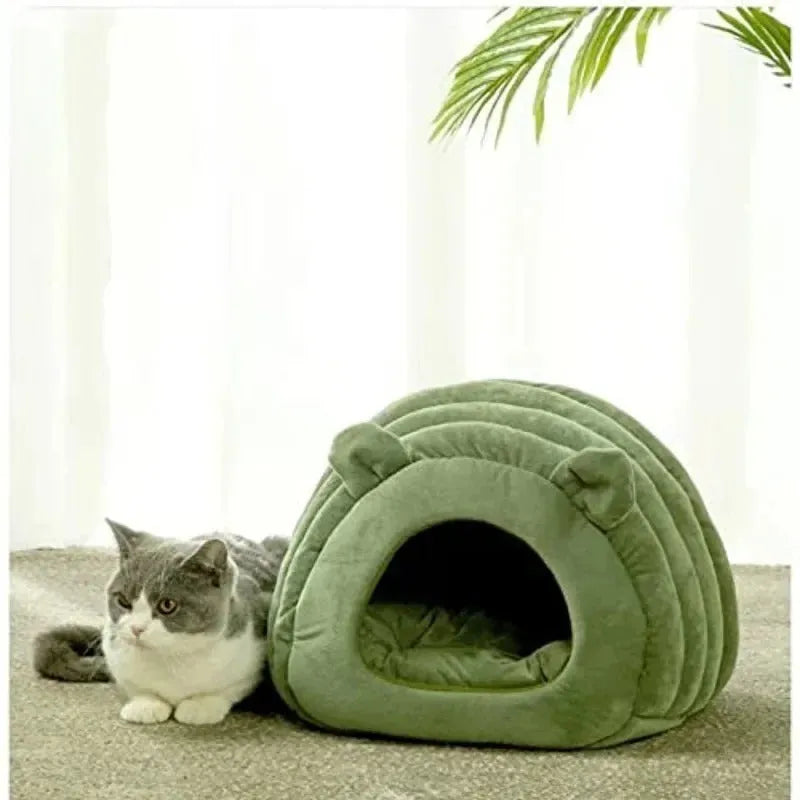 Brown cat bed house 38x42x33cm with white cushion for small pets