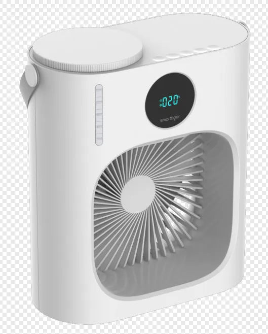 White USB refrigeration air conditioner fan with screen display and button control on a desk